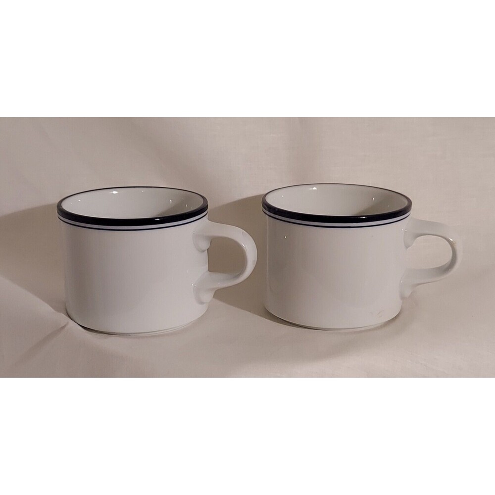Dansk Concerto Allegro Coffee Tea Mug Cup Set 2 White Double Navy Blue Lip Line